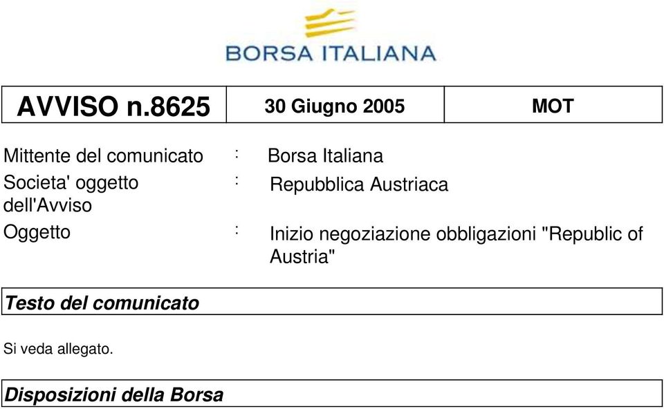 Italiana Societa' oggetto : Repubblica Austriaca dell'avviso