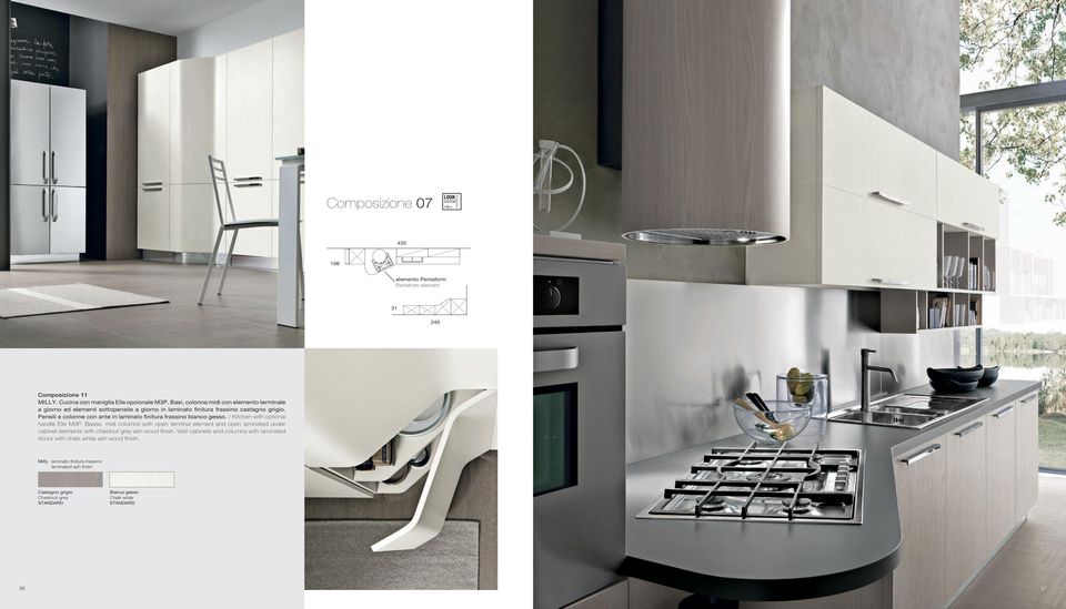 Pensili e colonne con ante in laminato finitura frassino bianco gesso. / Kitchen with optional handle Elle M3P.