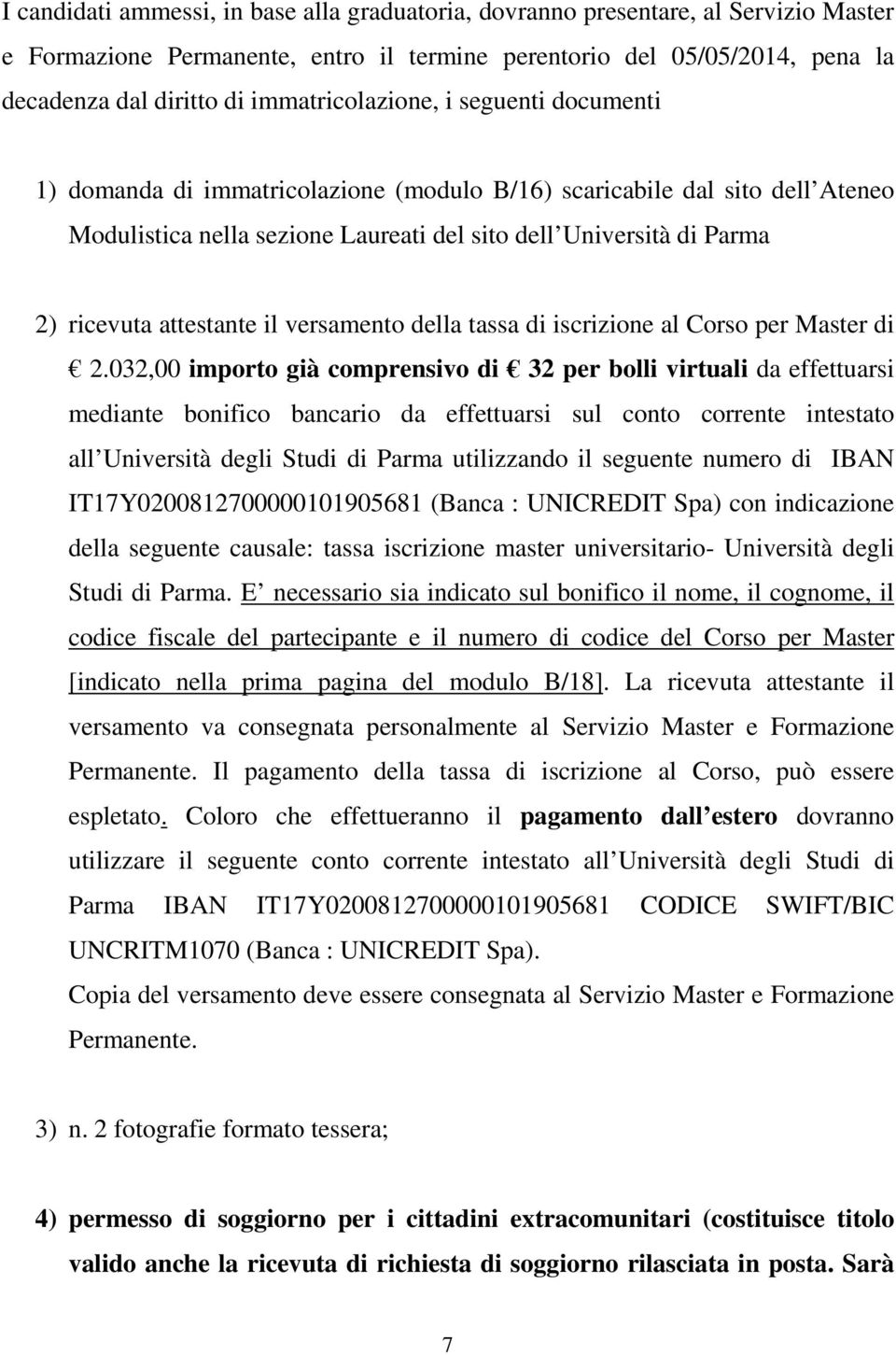 attestante il versamento della tassa di iscrizione al Corso per Master di 2.