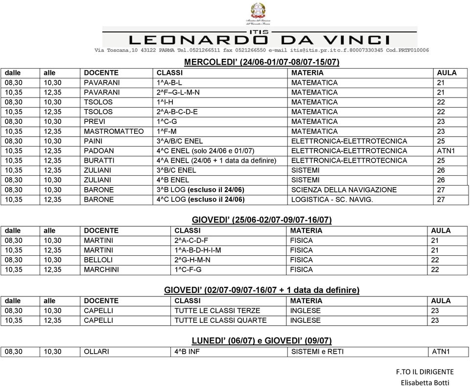 01/07) ELETTRONICA-ELETTROTECNICA ATN1 10,35 12,35 BURATTI 4^A ENEL (24/06 + 1 data da definire) ELETTRONICA-ELETTROTECNICA 25 10,35 12,35 ZULIANI 3^B/C ENEL SISTEMI 26 08,30 10,30 ZULIANI 4^B ENEL
