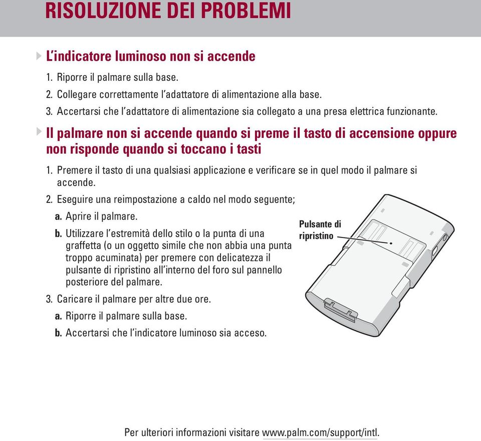 Il palmare non si accende quando si preme il tasto di accensione oppure non risponde quando si toccano i tasti 1.