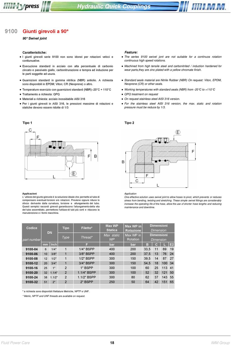 inossidabile AISI 316 Per i giunti girevoli in AISI 316, le pressioni massime di rotazioni e statiche devono essere ridotte di 1/3 The series 9100 swivel jont are not suitable for a continuos