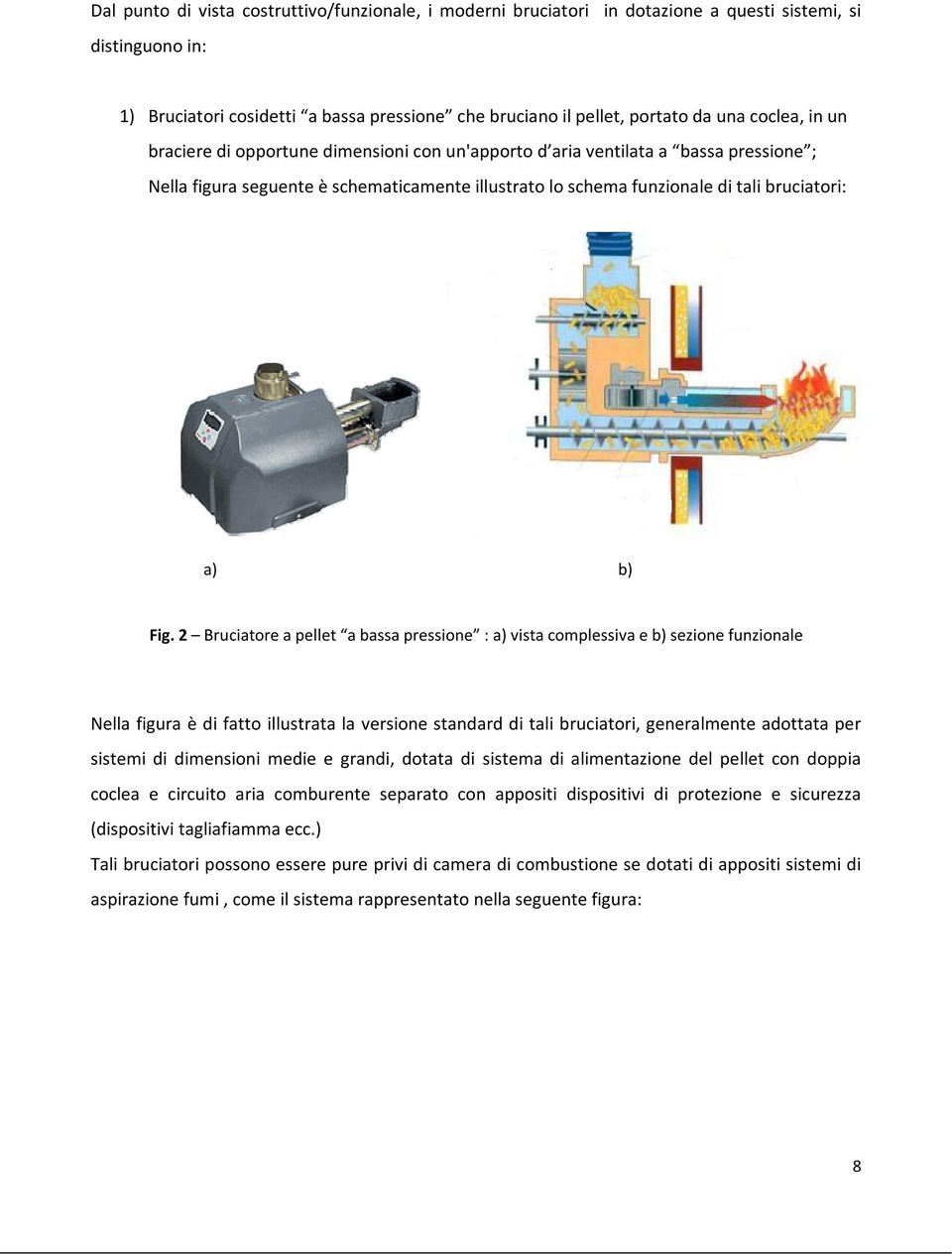 Fig. 2 Bruciatore a pellet a bassa pressione : a) vista complessiva e b) sezione funzionale Nella figura è di fatto illustrata la versione standard di tali bruciatori, generalmente adottata per