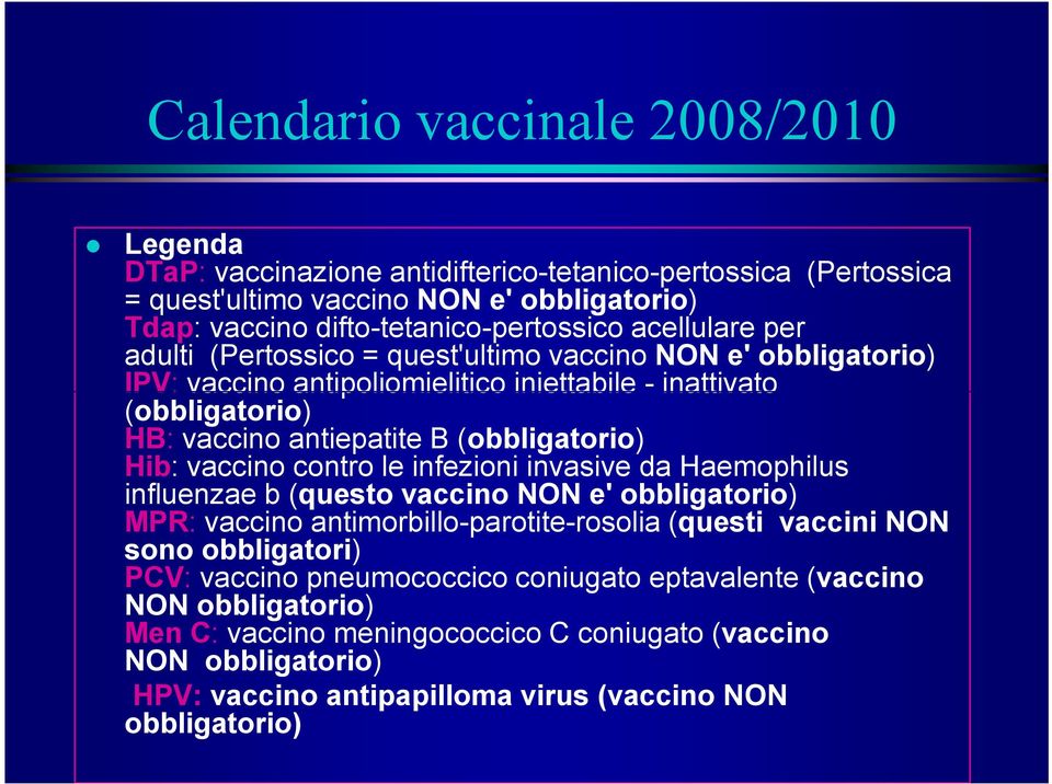 Hib: vaccino contro le infezioni invasive da Haemophilus influenzae b (questo vaccino NON e' obbligatorio) MPR: vaccino antimorbillo-parotite-rosolia (questi vaccini NON sono obbligatori) PCV: