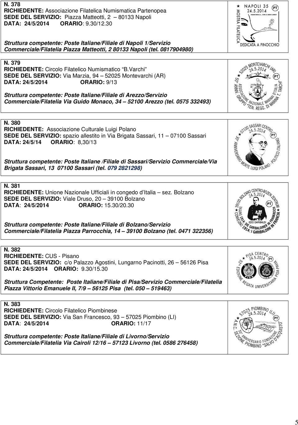 Varchi SEDE DEL SERVIZIO: Via Marzia, 94 52025 Montevarchi (AR) DATA: 24/5/2014 ORARIO: 9/13 Struttura competente: Poste Italiane/Filiale di Arezzo/Servizio Commerciale/Filatelia Via Guido Monaco, 34