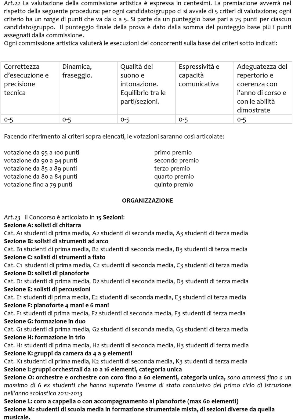 Si parte da un punteggio base pari a 75 punti per ciascun candidato/gruppo. Il punteggio finale della prova è dato dalla somma del punteggio base più i punti assegnati dalla commissione.