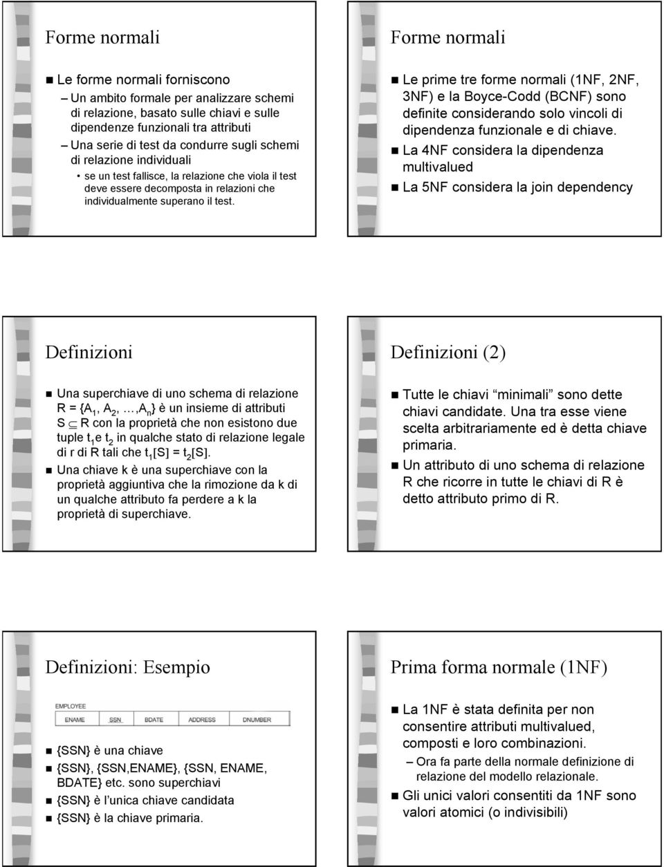 Le prime tre forme normali (1NF, 2NF, 3NF) e la Boyce-Codd (BCNF) sono definite considerando solo vincoli di dipendenza funzionale e di chiave.