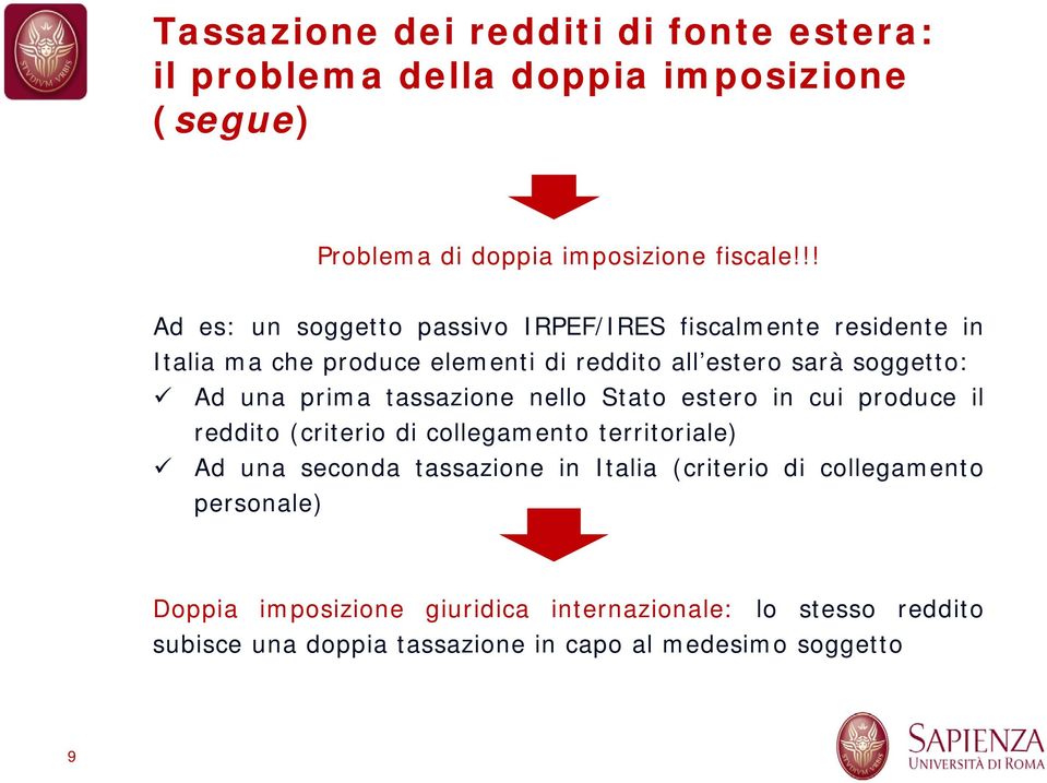 prima tassazione nello Stato estero in cui produce il reddito (criterio di collegamento territoriale) Ad una seconda tassazione in Italia