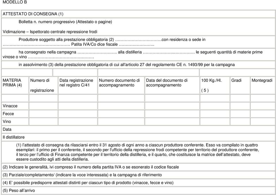 . le seguenti quantità di materie prime vinose o vino in assolvimento (3) della prestazione obbligatoria di cui all'articolo 27 del regolamento CE n.