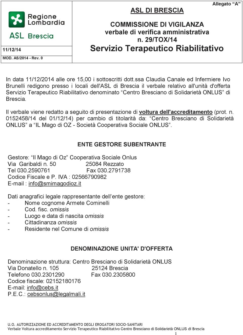 Il verbale viene redatto a seguito di presentazione di voltura dell'accreditamento (prot. n.