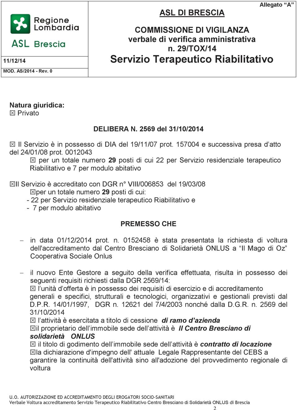 numero 29 posti di cui: - 22 per Servizio residenziale terapeutico Riabilitativo e - 7 per modulo abitativo PREMESSO CHE in data 01/12/2014 prot. n.