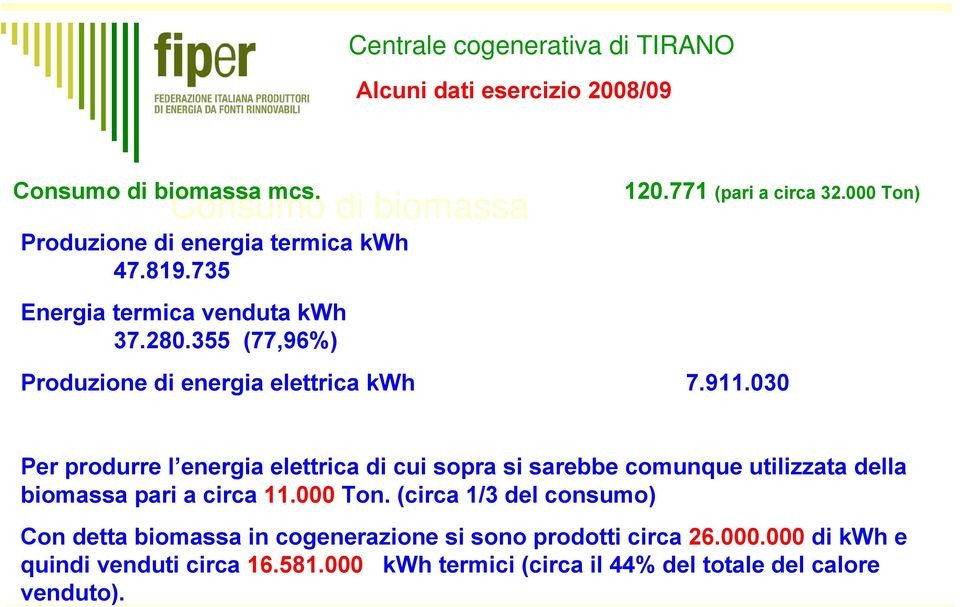 030 Per produrre l energia elettrica di cui sopra si sarebbe comunque utilizzata della biomassa pari a circa 11.000 Ton.