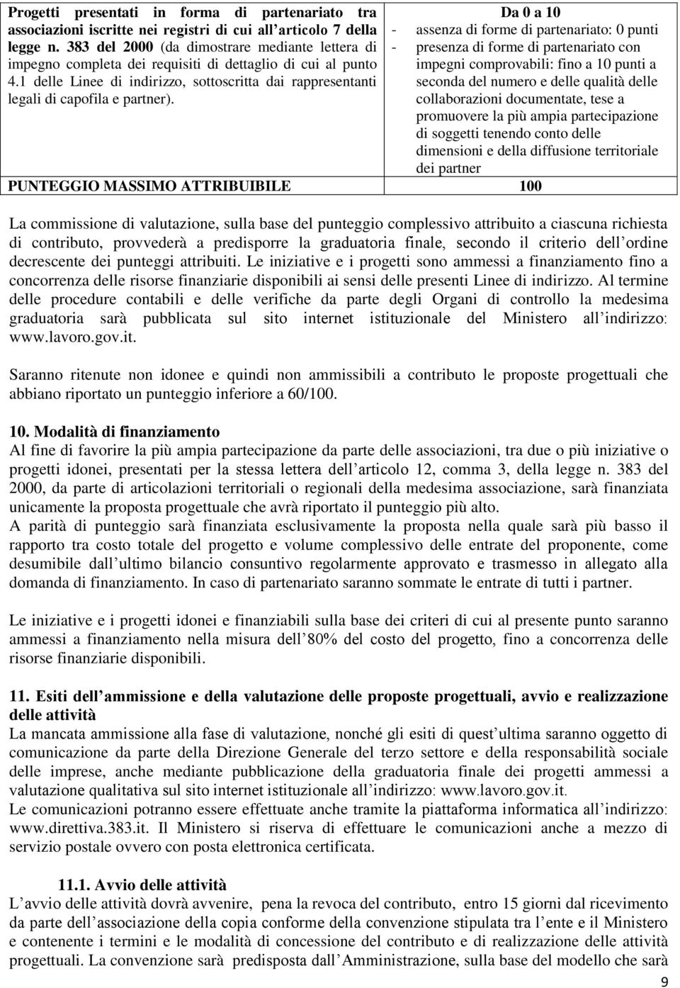 Da 0 a 10 - assenza di forme di partenariato: 0 punti - presenza di forme di partenariato con impegni comprovabili: fino a 10 punti a seconda del numero e delle qualità delle collaborazioni