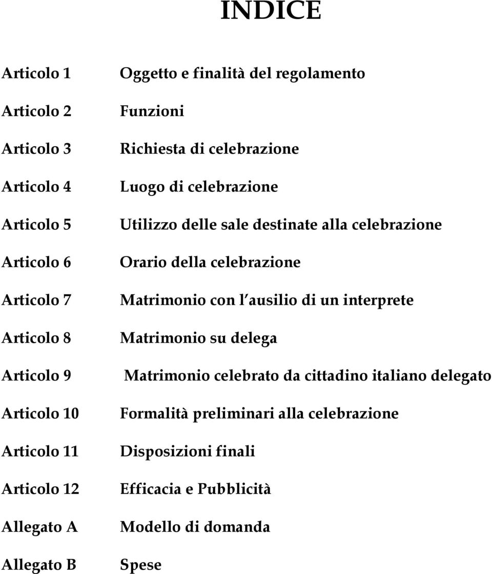 delle sale destinate alla celebrazione Orario della celebrazione Matrimonio con l ausilio di un interprete Matrimonio su delega