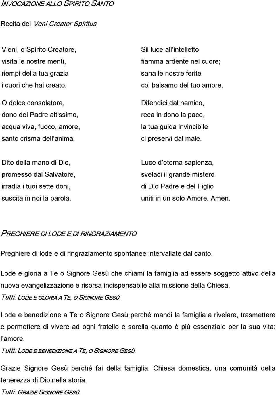 Difendici dal nemico, reca in dono la pace, la tua guida invincibile ci preservi dal male. Dito della mano di Dio, promesso dal Salvatore, irradia i tuoi sette doni, suscita in noi la parola.