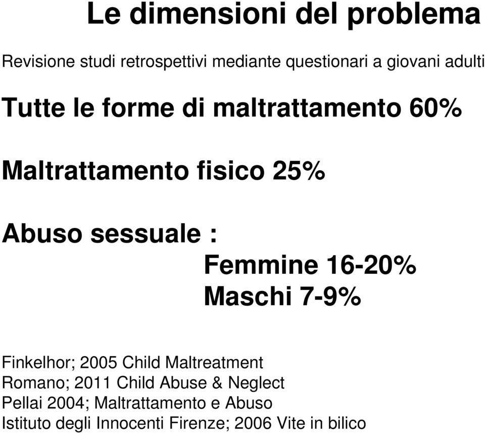 Femmine 16-20% Maschi 7-9% Finkelhor; 2005 Child Maltreatment Romano; 2011 Child Abuse &