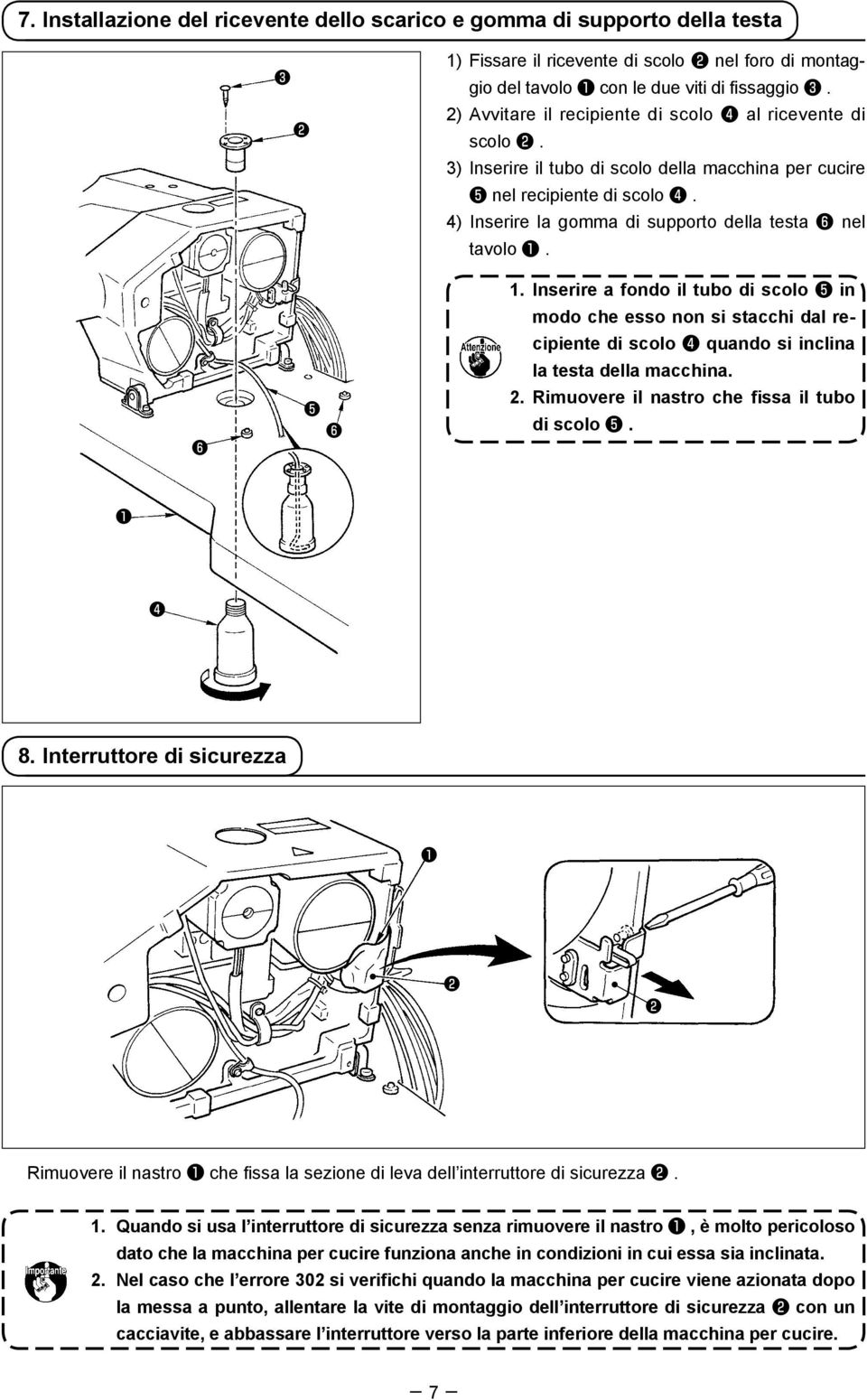 4) Inserire la gomma di supporto della testa ❻ nel tavolo. 1. Inserire a fondo il tubo di scolo ❺ in modo che esso non si stacchi dal recipiente di scolo ❹ quando si inclina la testa della macchina.