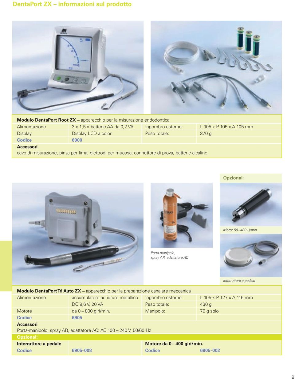 Porta-manipolo, spray AR, adattatore AC Interruttore a pedale Modulo DentaPort Tri Auto ZX apparecchio per la preparazione canalare meccanica Alimentazione accumulatore ad idruro metallico Ingombro