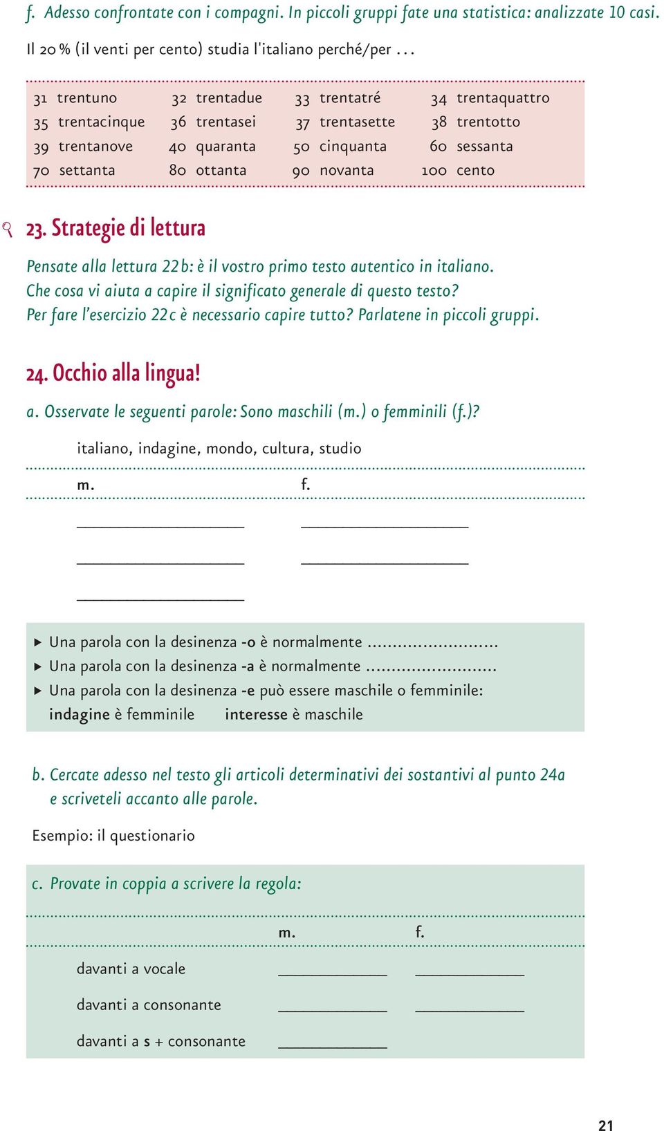 100 cento S 23. Strategie di lettura Pensate alla lettura 22b: è il vostro primo testo autentico in italiano. Che cosa vi aiuta a capire il significato generale di questo testo?