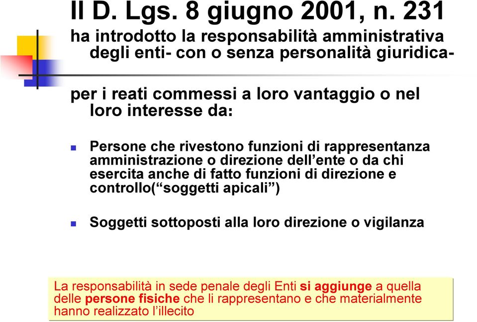 loro interesse da: Persone che rivestono funzioni di rappresentanza amministrazione o direzione dell ente o da chi esercita anche di fatto