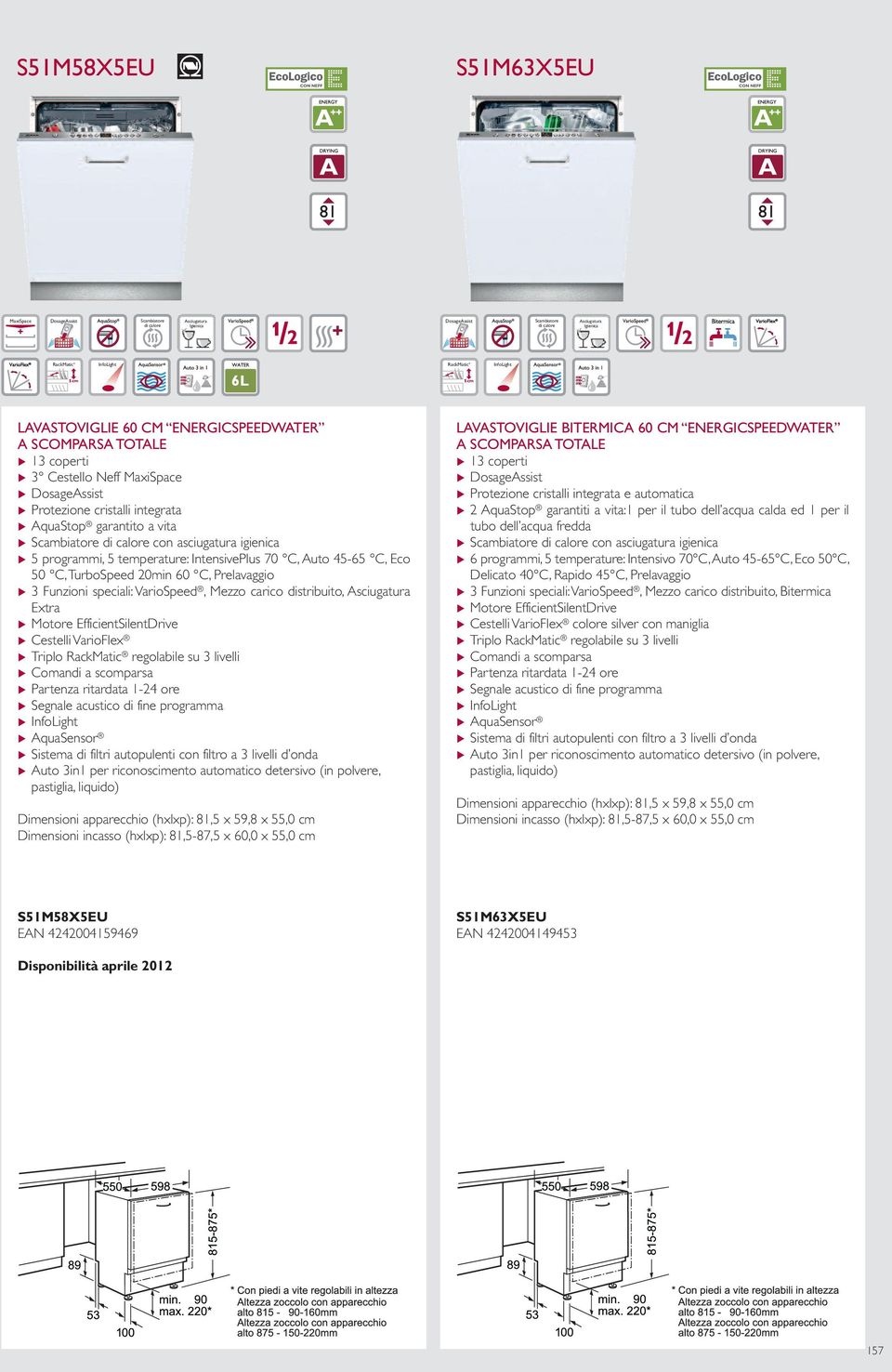 distribuito, Extra u Cestelli VarioFlex u Triplo RackMatic regolabile su 3 livelli u Comandi a scomparsa u Segnale acustico di fine programma u InfoLight u Sistema di filtri autopulenti con filtro a