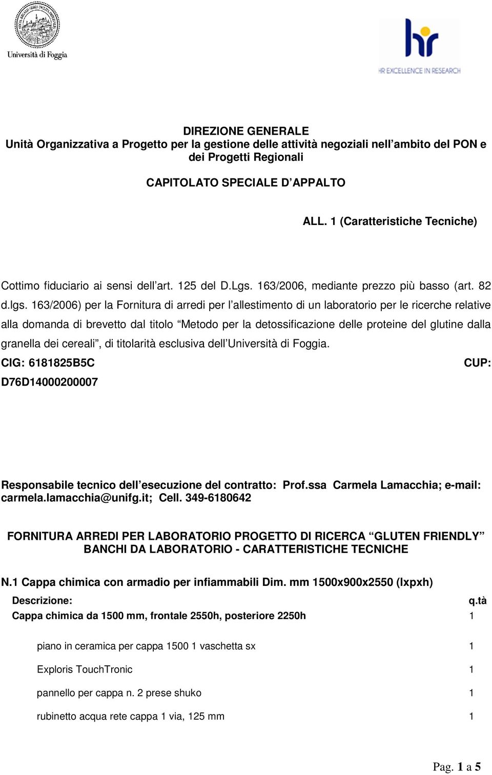 63/2006) per la Fornitura di arredi per l allestimento di un laboratorio per le ricerche relative alla domanda di brevetto dal titolo Metodo per la detossificazione delle proteine del glutine dalla