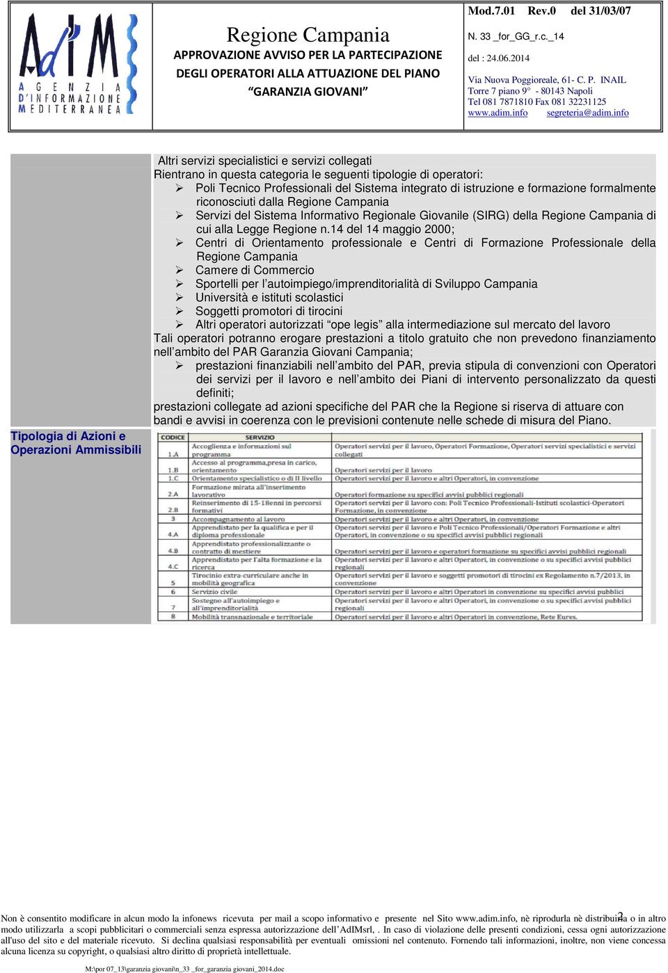 14 del 14 maggio 2000; Centri di Orientamento professionale e Centri di Formazione Professionale della Regione Campania Camere di Commercio Sportelli per l autoimpiego/imprenditorialità di Sviluppo