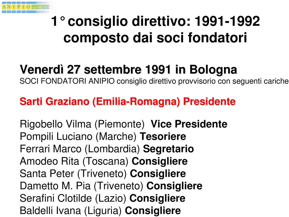 Presidente Pompili Luciano (Marche) Tesoriere Ferrari Marco (Lombardia) Segretario Amodeo Rita (Toscana) Consigliere Santa Peter