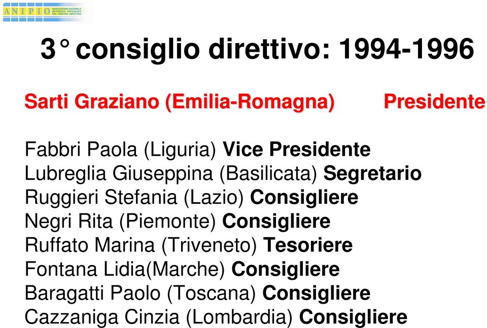 (Lazio) Consigliere Negri Rita (Piemonte) Consigliere Ruffato Marina (Triveneto) Tesoriere