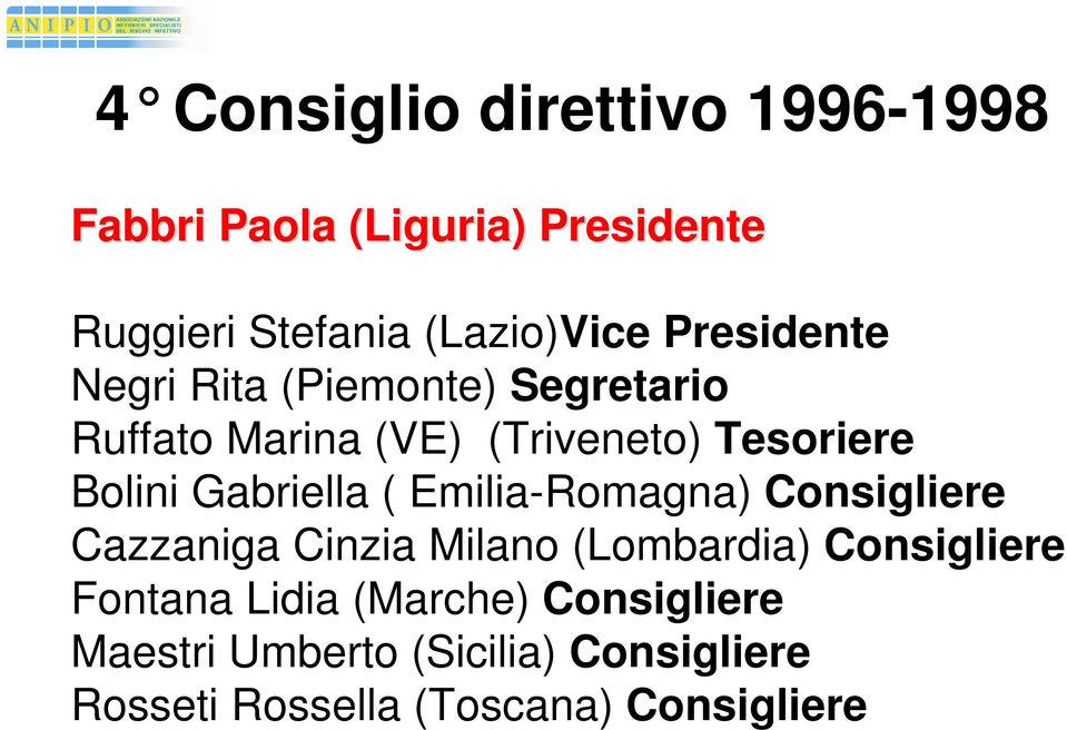 Gabriella ( Emilia-Romagna) Consigliere Cazzaniga Cinzia Milano (Lombardia) Consigliere Fontana