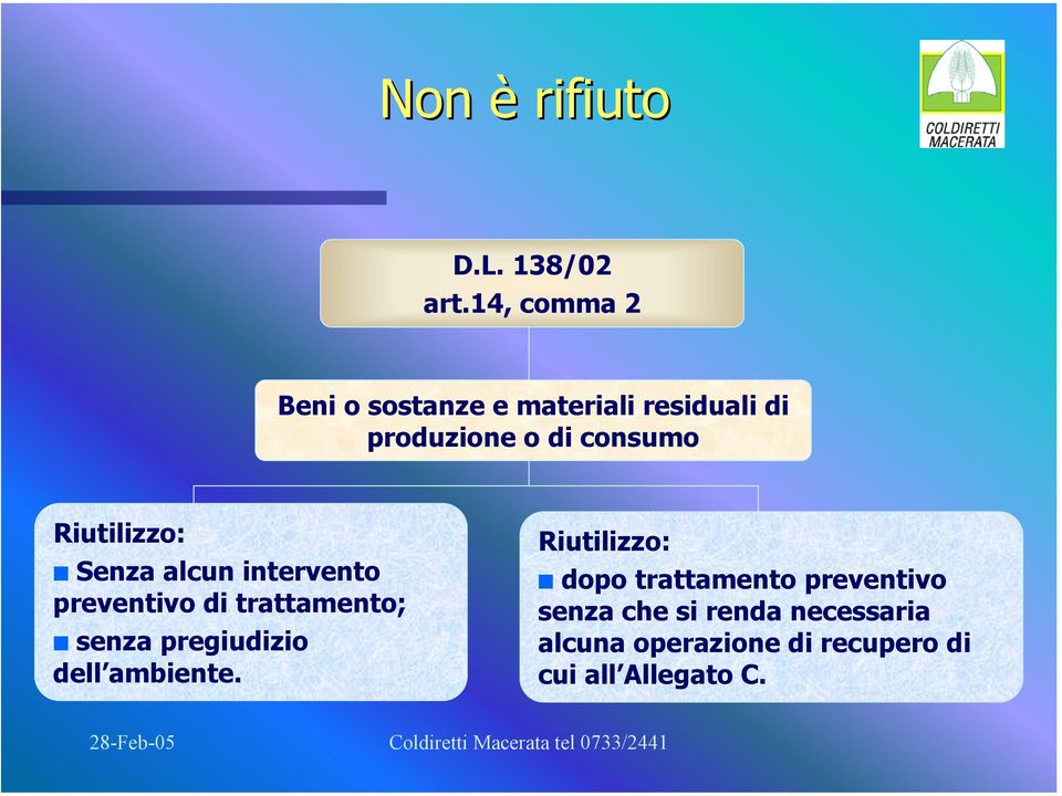 Riutilizzo: Senza alcun intervento preventivo di trattamento; senza pregiudizio