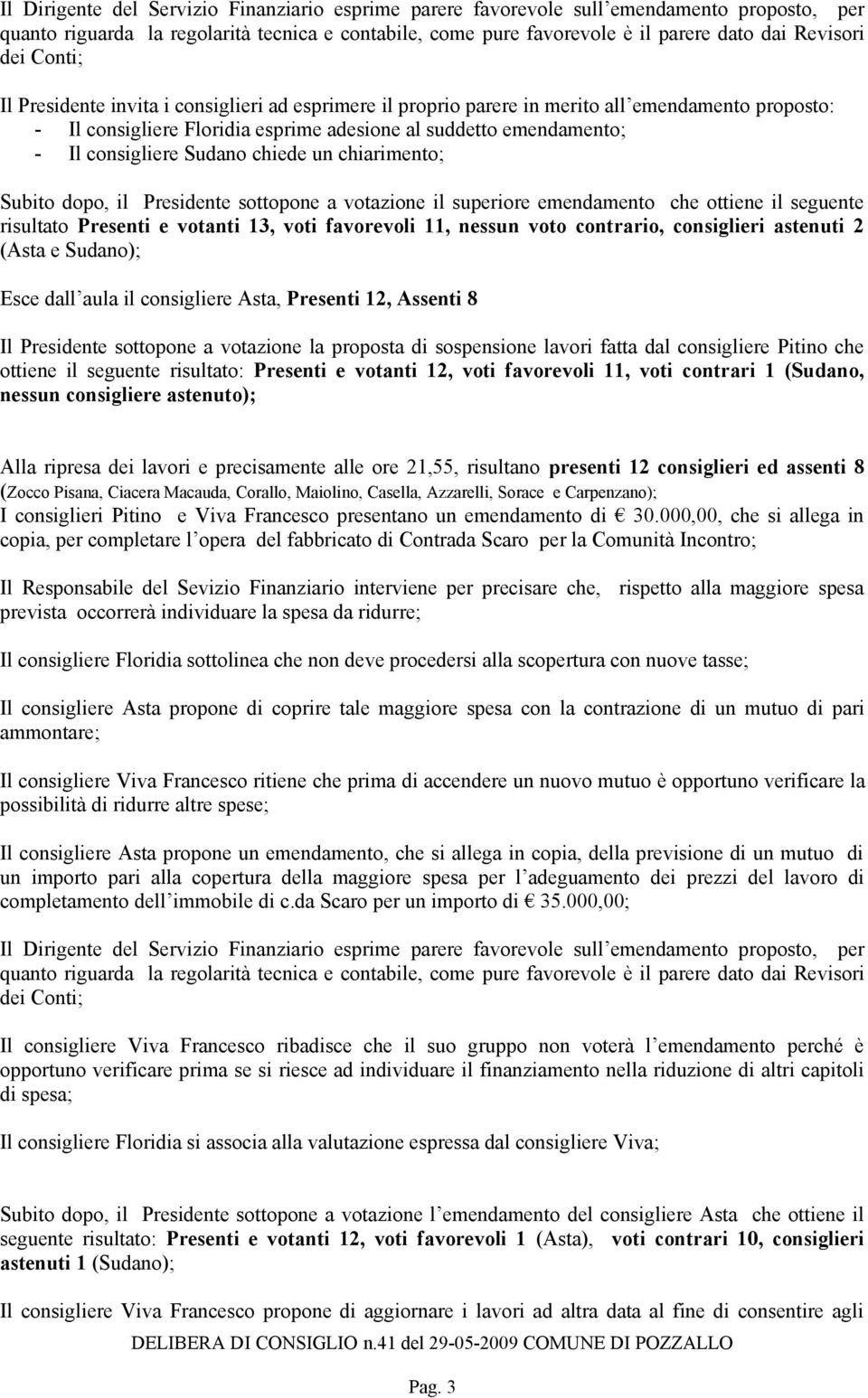 il seguente risultato Presenti e votanti 13, voti favorevoli 11, nessun voto contrario, consiglieri astenuti 2 (Asta e Sudano); Esce dall aula il consigliere Asta, Presenti 12, Assenti 8 Il