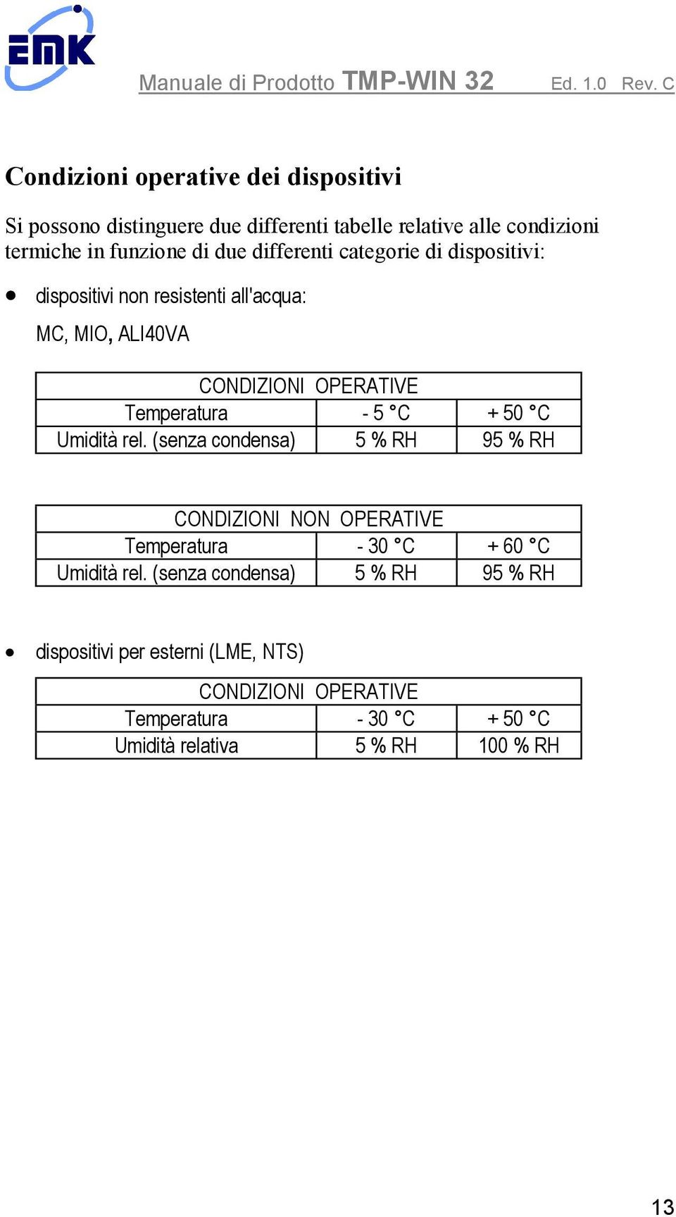 C + 50 C Umidità rel. (senza condensa) 5 % RH 95 % RH CONDIZIONI NON OPERATIVE Temperatura - 30 C + 60 C Umidità rel.