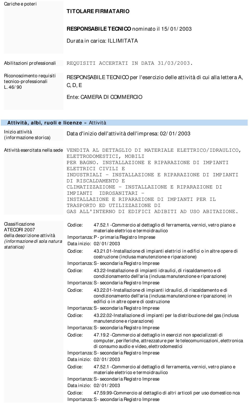 46/90 RESPONSABILE TECNICO per l'esercizio delle attività di cui alla lettera A, C, D, E Attività, albi, ruoli e licenze» Attività Inizio attività (informazione storica) Data d'inizio dell'attività