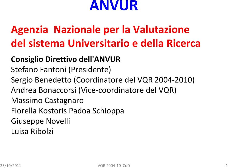 (Coordinatore del VQR 2004 2010) Andrea Bonaccorsi (Vice coordinatore del VQR) Massimo