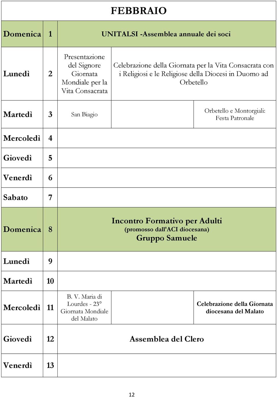 Mercoledì 4 Giovedì 5 Venerdì 6 Sabato 7 Domenica 8 Incontro Formativo per Adulti (promosso dall'aci diocesana) Gruppo Samuele Lunedì 9 Martedì 10