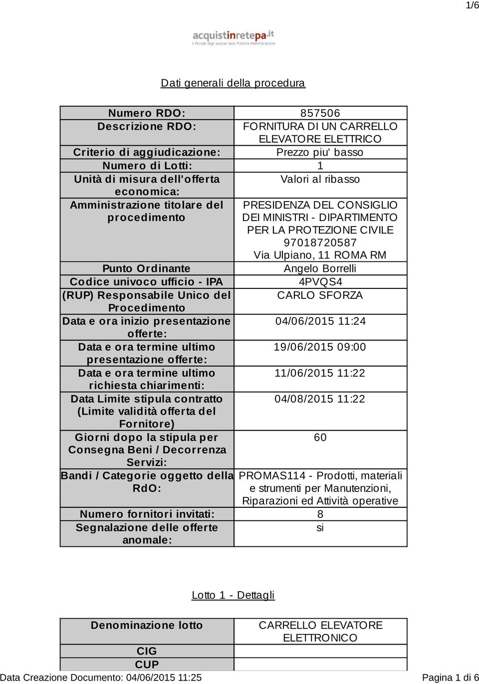 Punto Ordinante Angelo Borrelli Codice univoco ufficio - IPA 4PVQS4 (RUP) Responsabile Unico del CARLO SFORZA Procedimento Data e ora inizio presentazione 04/06/2015 11:24 offerte: Data e ora termine