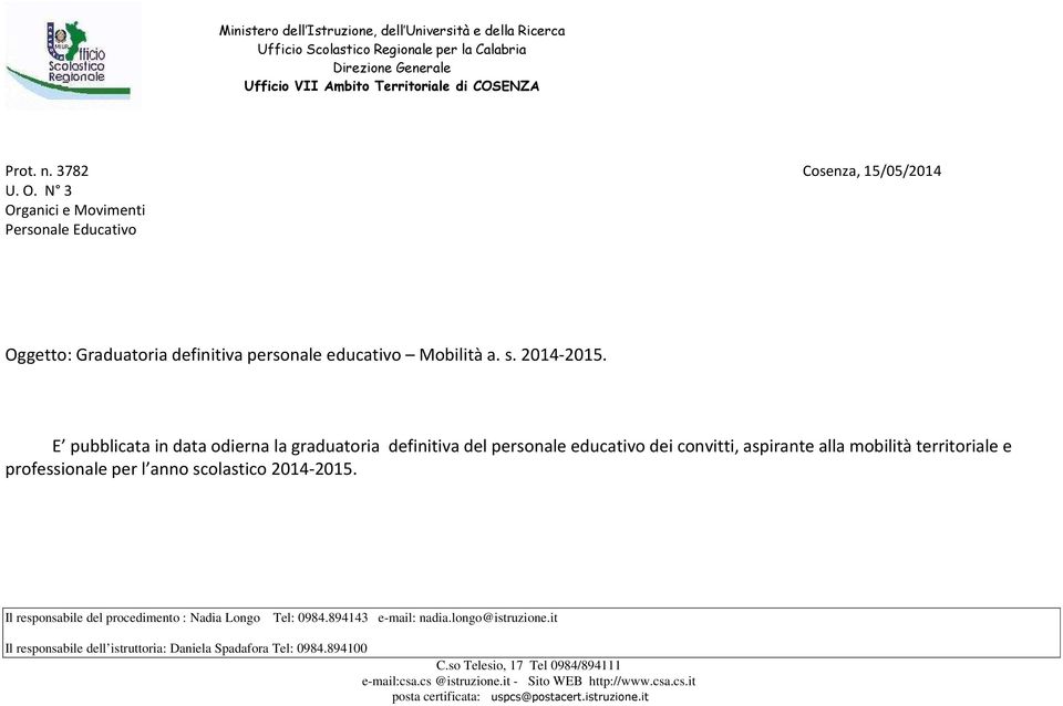 personale educativo Mobilità a. s. 2014-2015.