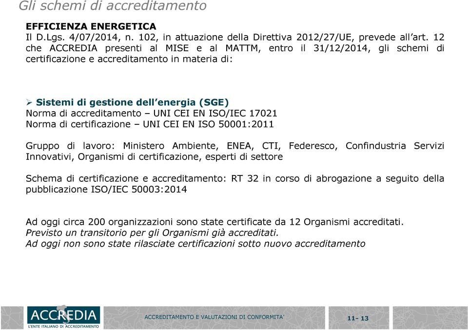 EN ISO/IEC 17021 Norma di certificazione UNI CEI EN ISO 50001:2011 Gruppo di lavoro: Ministero Ambiente, ENEA, CTI, Federesco, Confindustria Servizi Innovativi, Organismi di certificazione, esperti