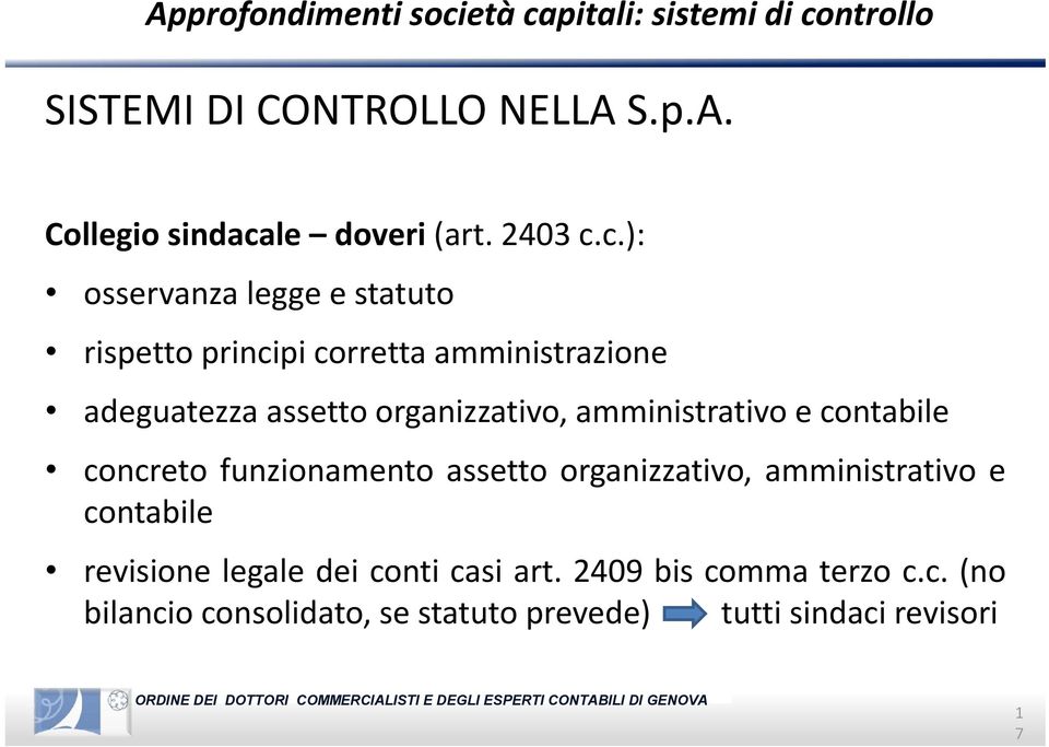 c.): osservanza legge e statuto rispetto principi corretta amministrazione adeguatezza assetto