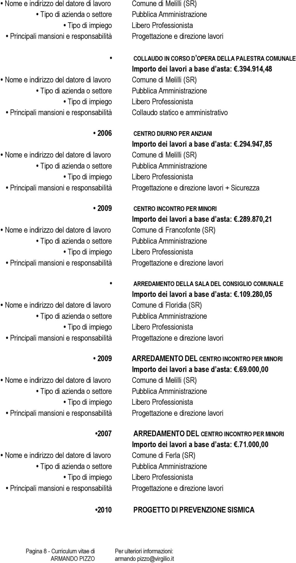 947,85 Comune di Melilli (SR) + Sicurezza CENTRO INCONTRO PER MINORI Importo dei lavori a base d asta:.289.