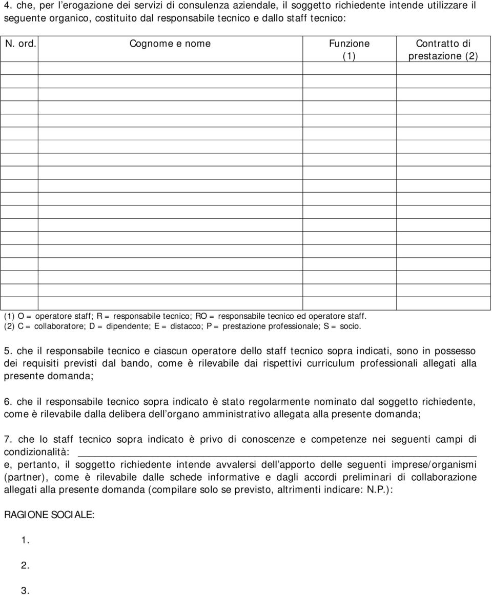 (2) C = collaboratore; D = dipendente; E = distacco; P = prestazione professionale; S = socio. 5.