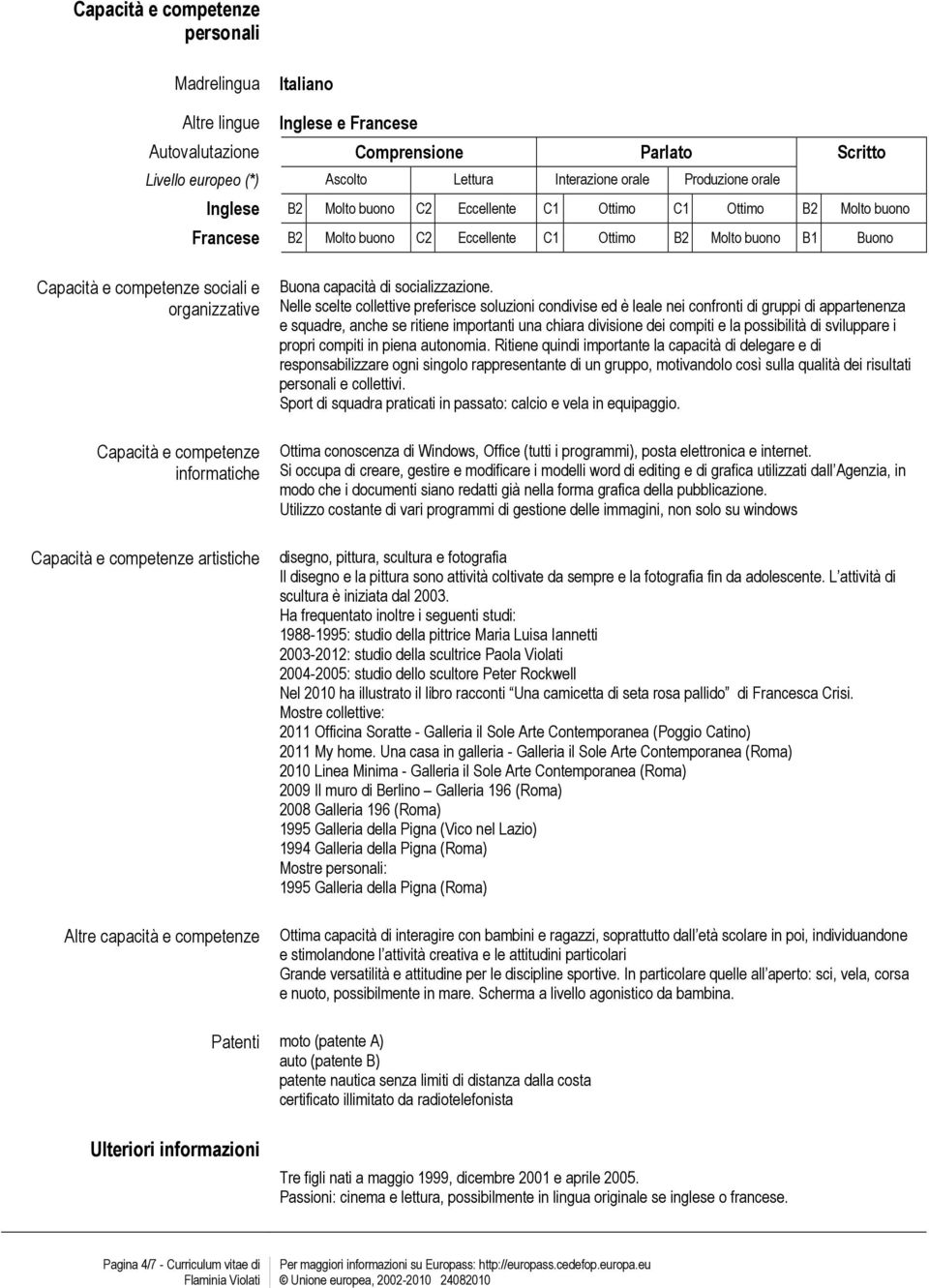 Capacità e competenze informatiche Capacità e competenze artistiche Altre capacità e competenze Buona capacità di socializzazione.