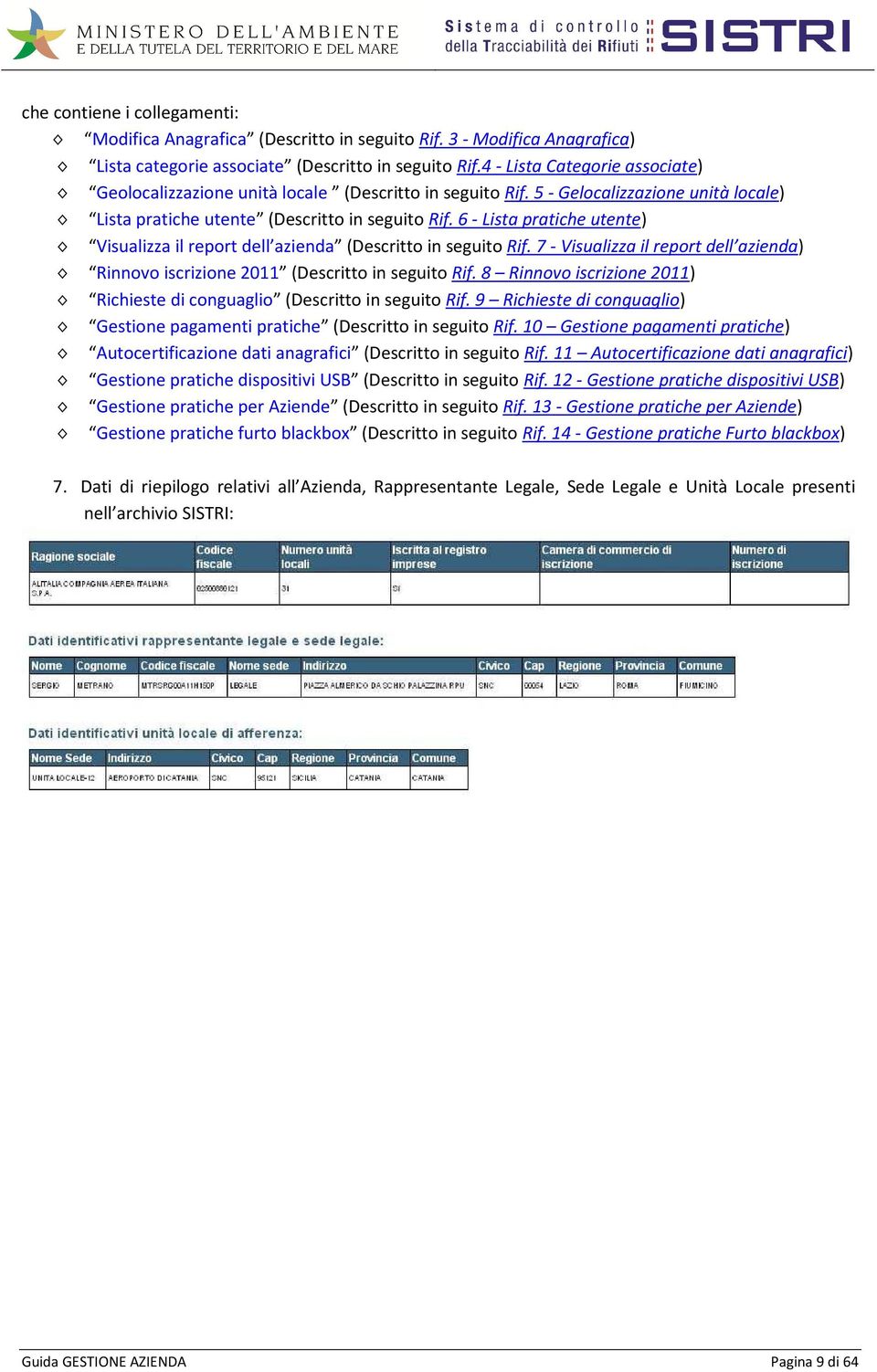 6 - Lista pratiche utente) Visualizza il report dell azienda (Descritto in seguito Rif. 7 - Visualizza il report dell azienda) Rinnovo iscrizione 2011 (Descritto in seguito Rif.