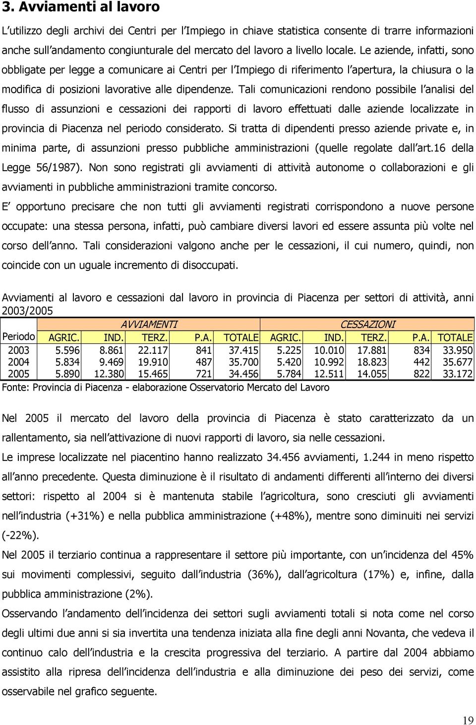 Tali comunicazioni rendono possibile l analisi del flusso di assunzioni e cessazioni dei rapporti di lavoro effettuati dalle aziende localizzate in provincia di Piacenza nel periodo considerato.