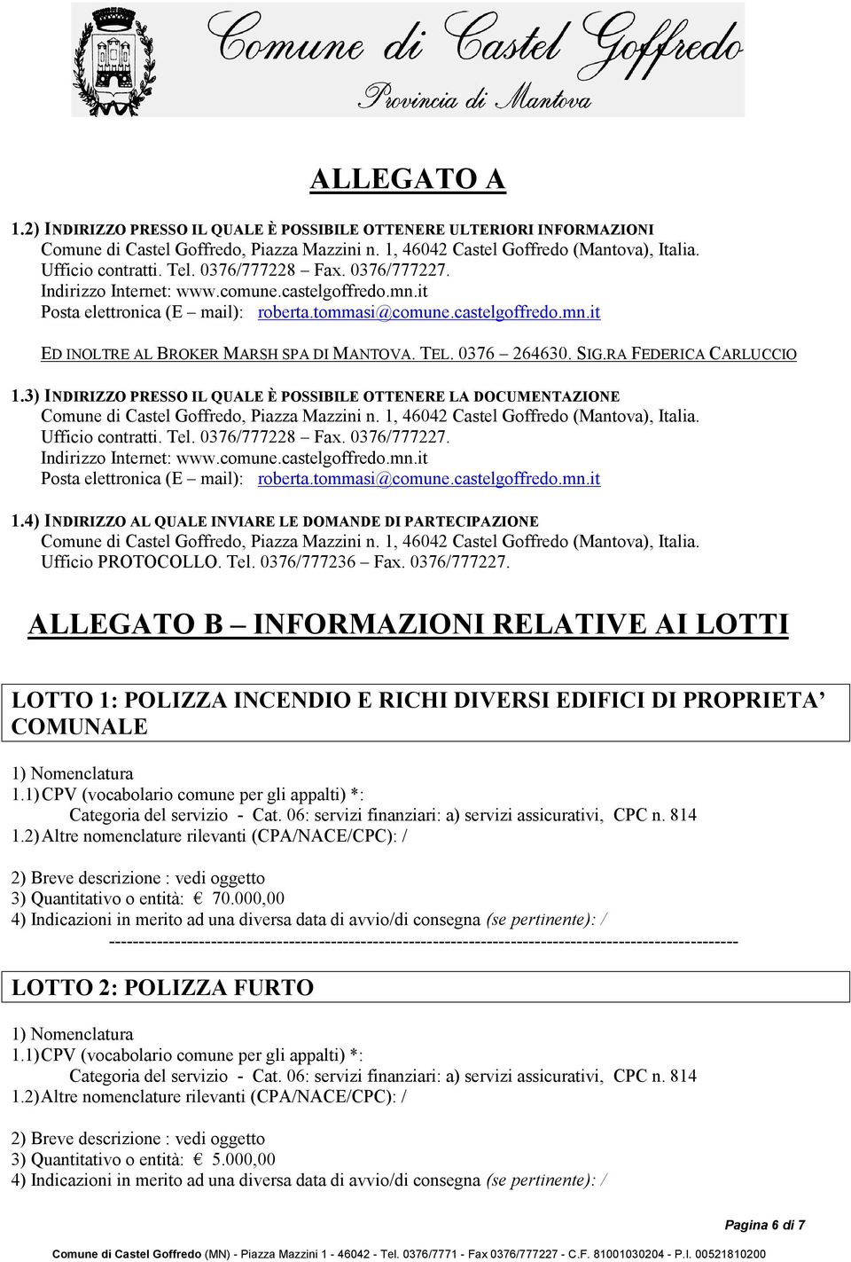 TEL. 0376 264630. SIG.RA FEDERICA CARLUCCIO 1.3) INDIRIZZO PRESSO IL QUALE È POSSIBILE OTTENERE LA DOCUMENTAZIONE Comune di Castel Goffredo, Piazza Mazzini n.