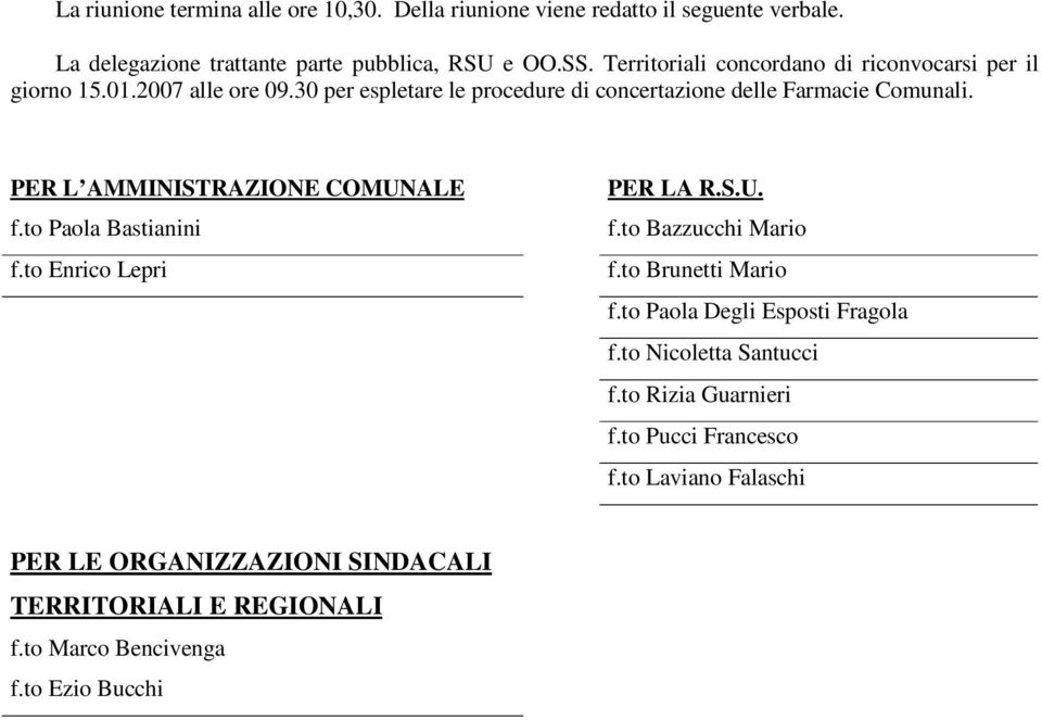 PER L AMMINISTRAZIONE COMUNALE f.to Paola Bastianini f.to Enrico Lepri PER LA R.S.U. f.to Bazzucchi Mario f.to Brunetti Mario f.