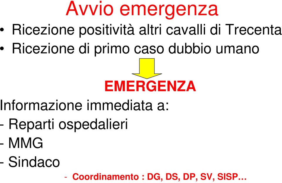 EMERGENZA Informazione immediata a: - Reparti