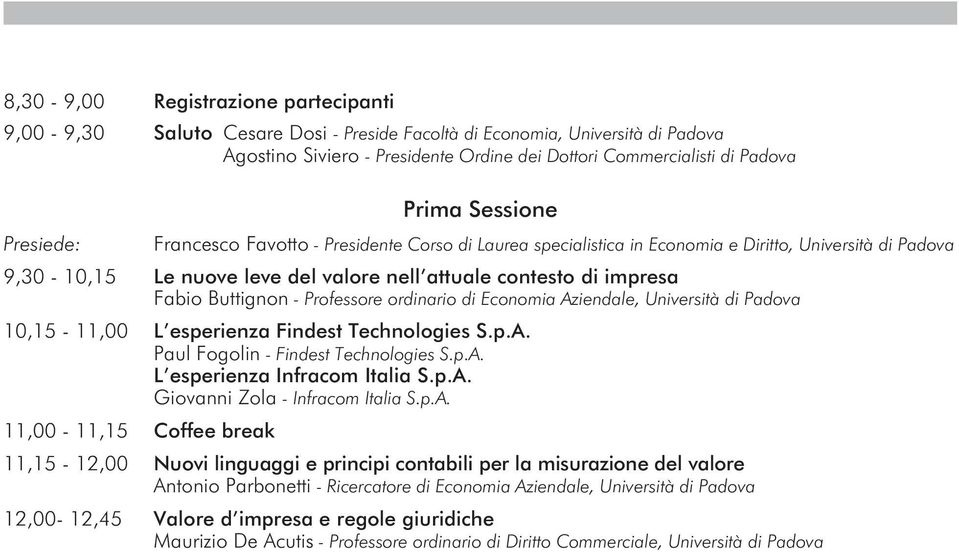 Fabio Buttignon - Professore ordinario di Economia Aziendale, Università di Padova 10,15-11,00 L esperienza Findest Technologies S.p.A. Paul Fogolin - Findest Technologies S.p.A. L esperienza Infracom Italia S.