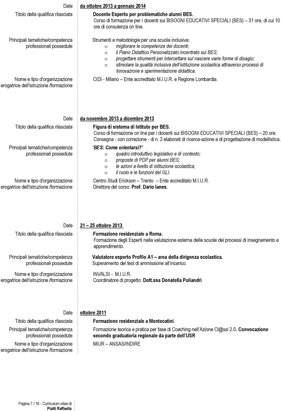 Principali tematiche/cmpetenza prfessinali pssedute Nme e tip d'rganizzazine ergatrice dell'istruzine /frmazine Strumenti e metdlgie per una scula inclusiva: miglirare le cmpetenze dei dcenti; il